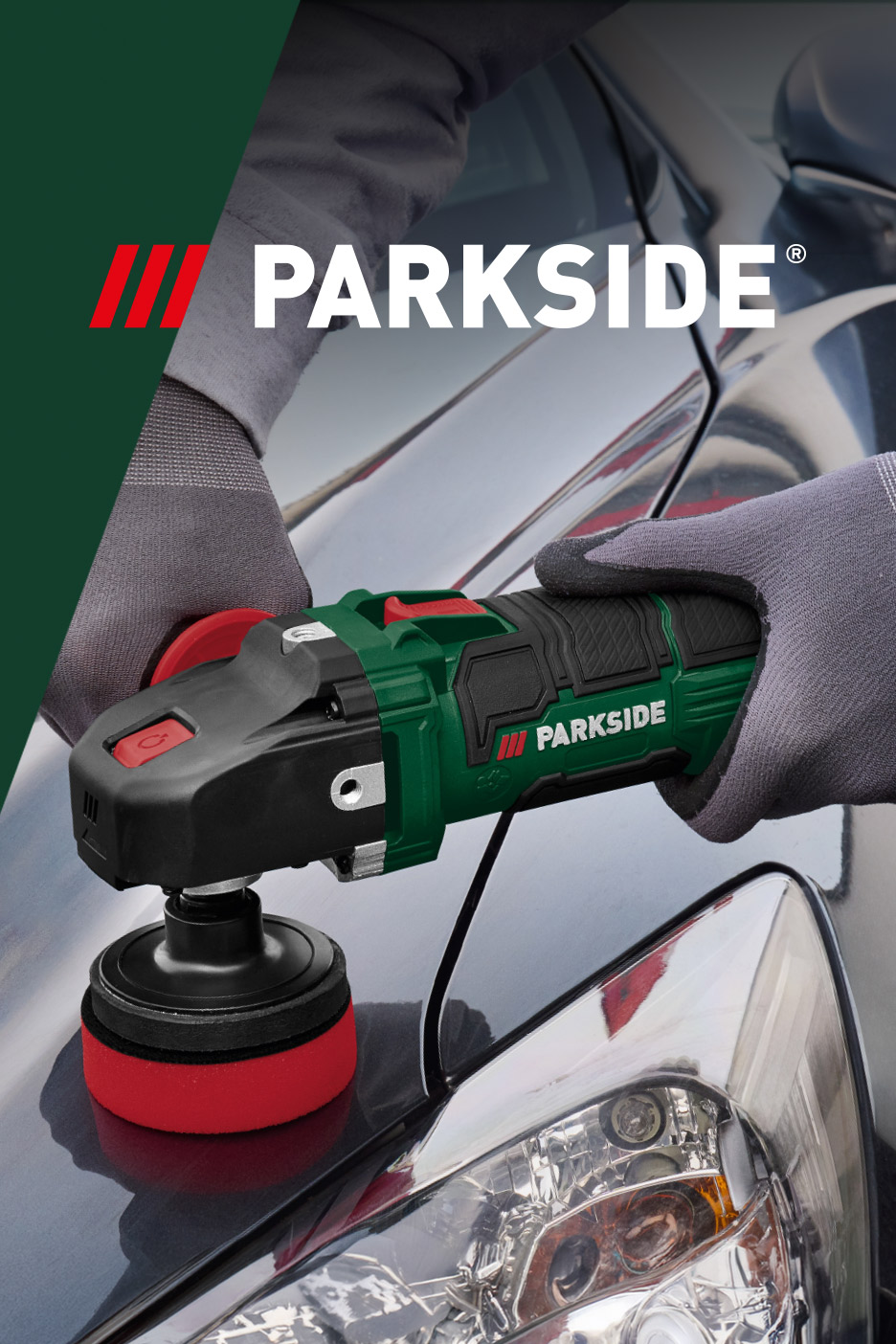 Person polishing a car with a compact power tool, featuring a red buffing pad.