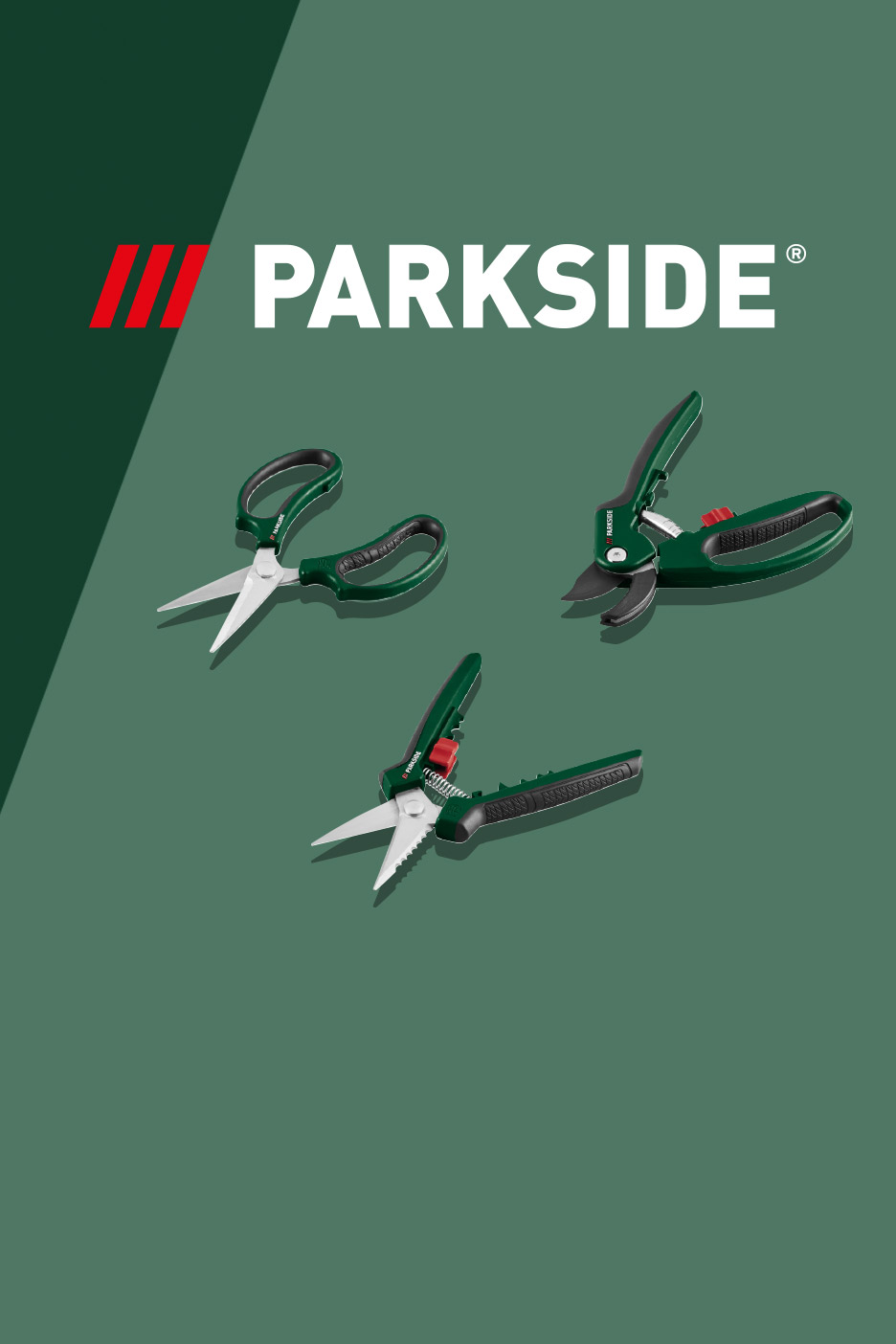 Three green and black gardening tools: pruning shears, garden scissors, and floral snips.