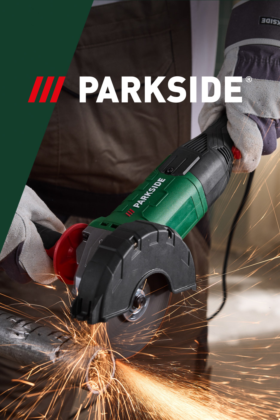 Angle grinder cutting metal, creating sparks, with a person wearing gloves holding it.