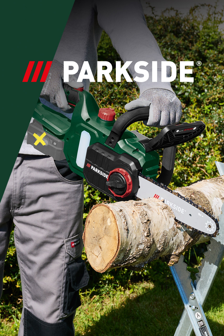 Person cutting a log with a green and black cordless chainsaw, with a large logo overlay.