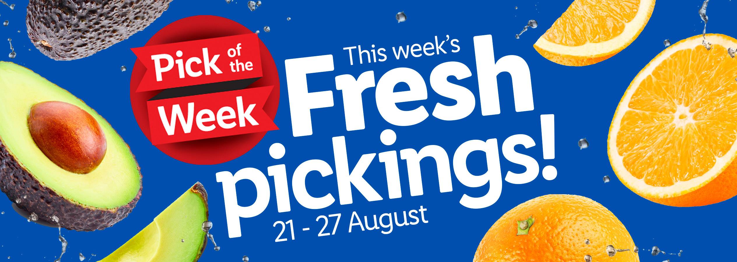 Avocados and oranges with water droplets on a blue background, advertising 'Fresh Pickings!'