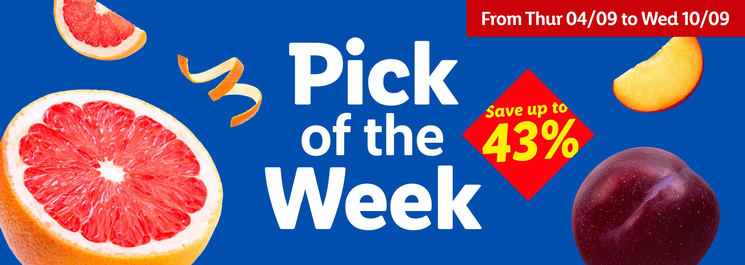 A vibrant blue banner with grapefruit, orange peel, plum, and text about weekly savings.