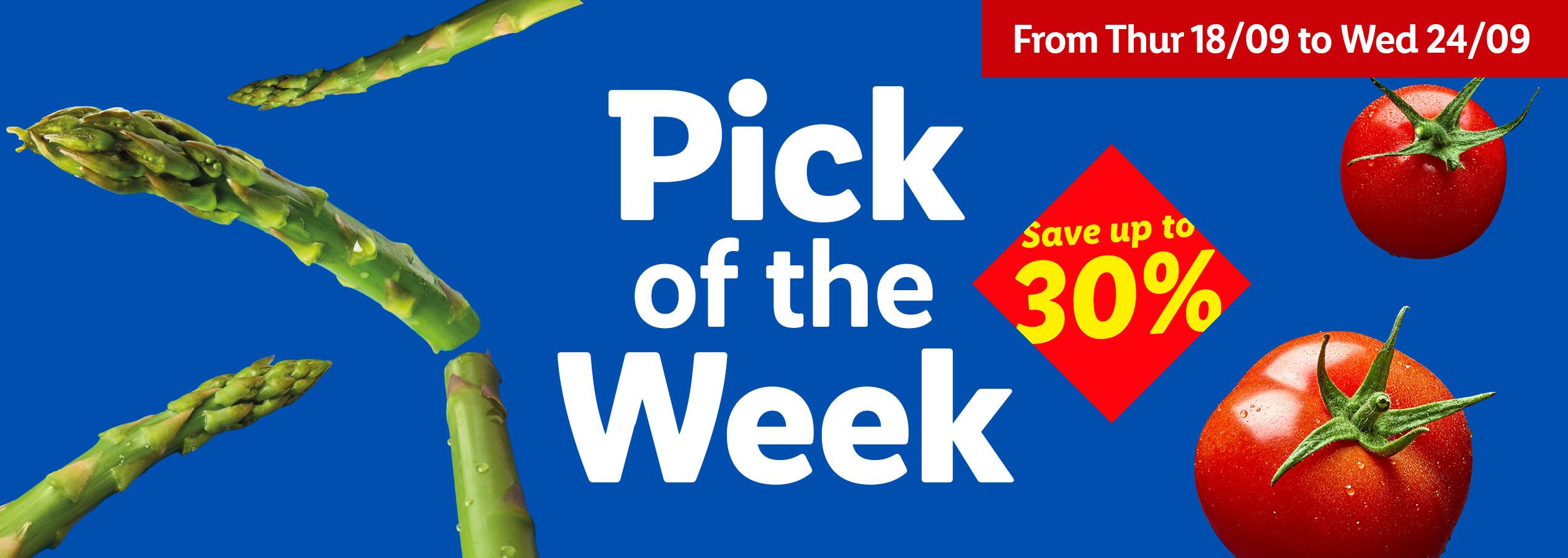 A banner advertising 'Pick of the Week' with asparagus and tomatoes, offering up to 30% savings.
