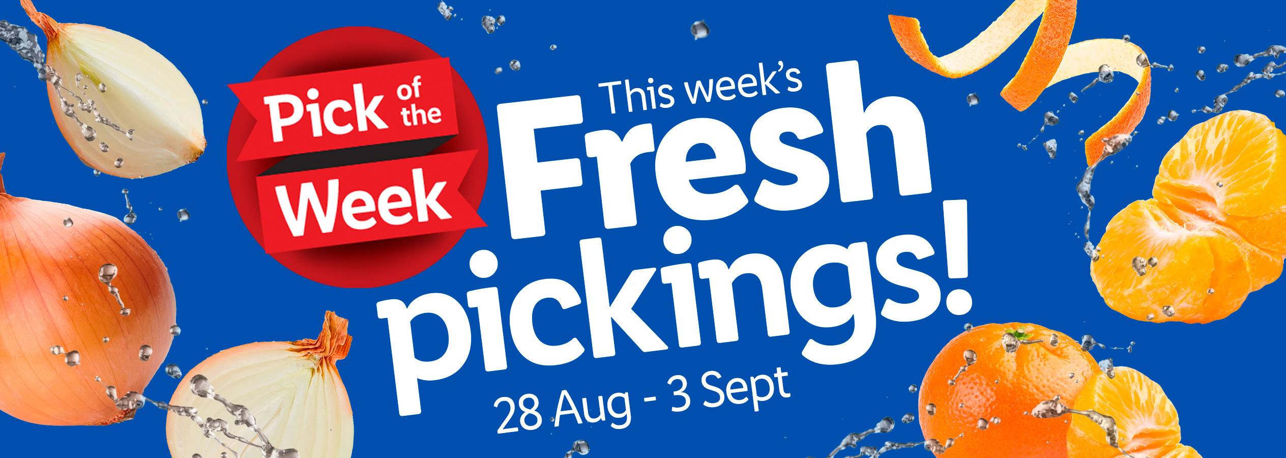 Fresh Pickings promotion with onions and oranges, valid 28 Aug - 3 Sept.