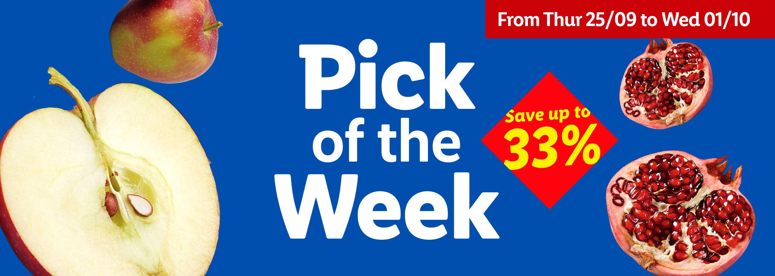 Apples and pomegranates on a blue background with a 'Pick of the Week' sale banner.