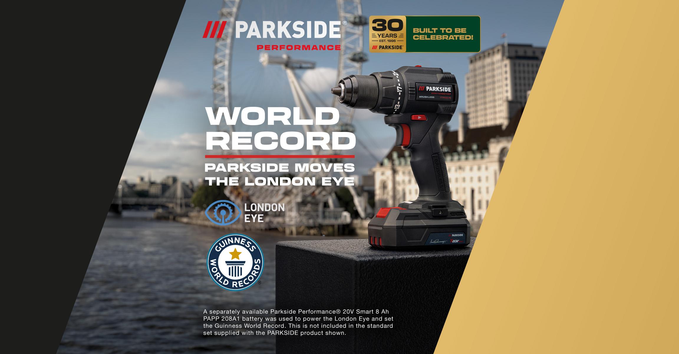 A power drill with a battery, set against the London Eye, celebrating a world record and 30 years of the brand.