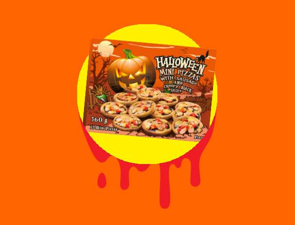 Halloween mini pizzas with sausage and creepy black sauce, 360g, 12 mini pizzas.