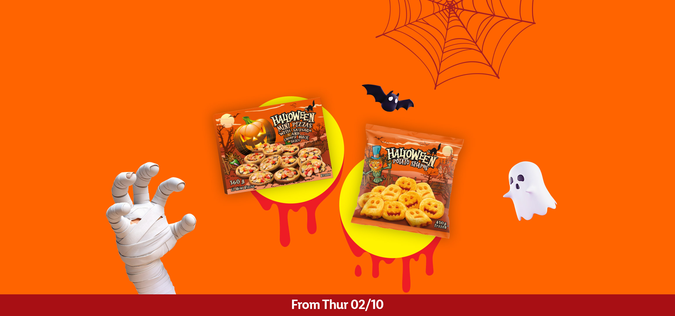 Halloween-themed potato shapes and mini pizzas with spooky decorations, available from Thursday 02/10.