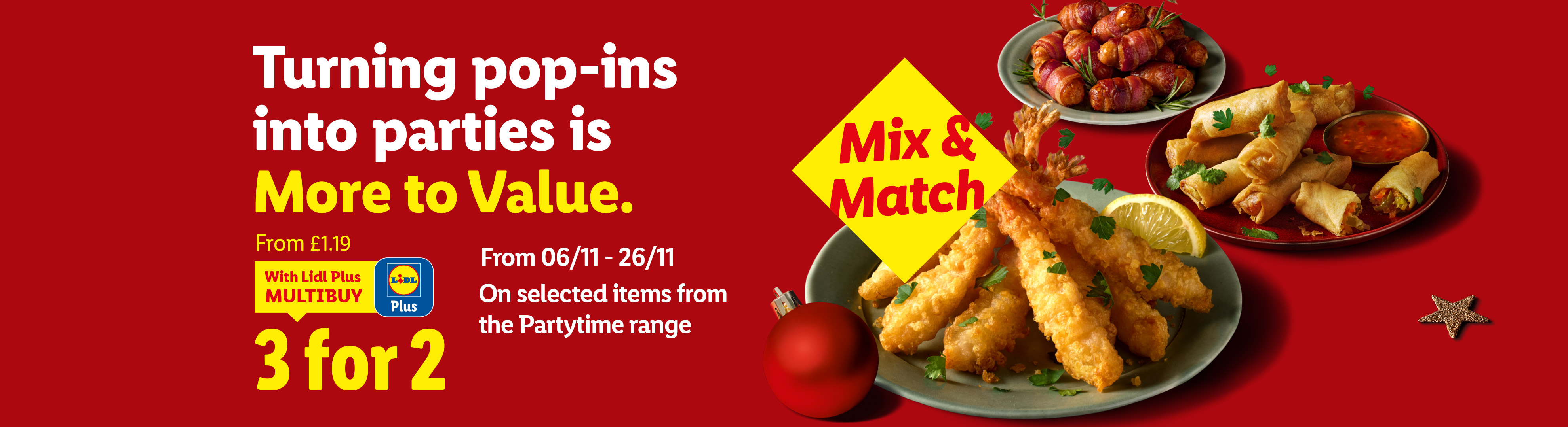 Lidl's 'Mix & Match' party food offer: 3 for 2 on items like pigs in blankets, spring rolls, and prawns.