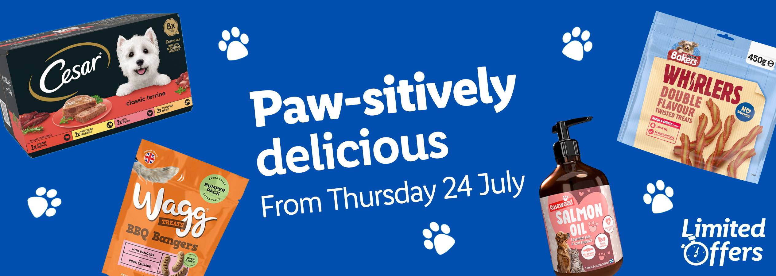 Paw-sitively delicious pet food and treat sale featuring Cesar, Wagg, Bakers, and Rosewood products from July 24th.