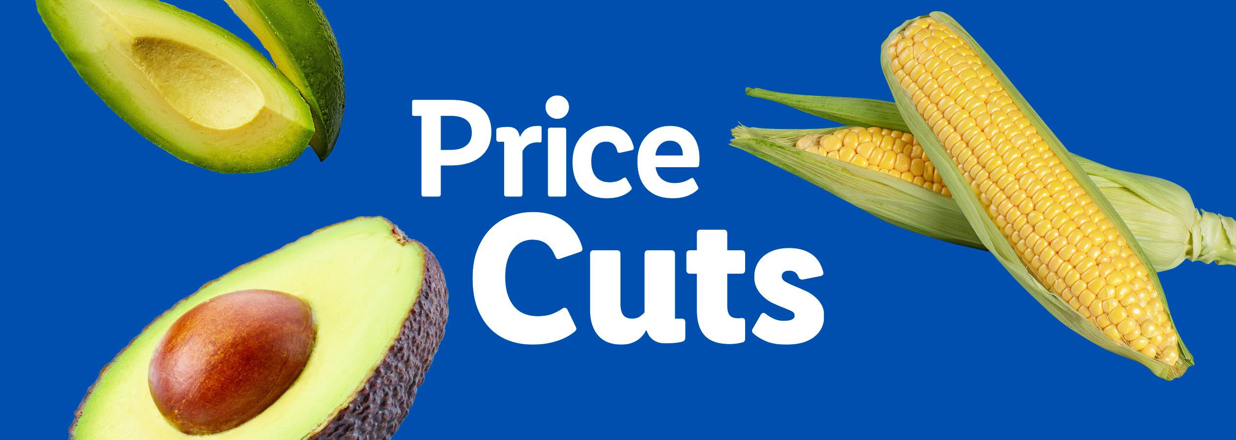 Avocados and corn on the cob with the text 'Price Cuts' on a blue background.