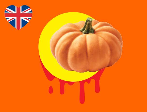 A pumpkin on a yellow circle with red drips, next to a Union Jack heart.