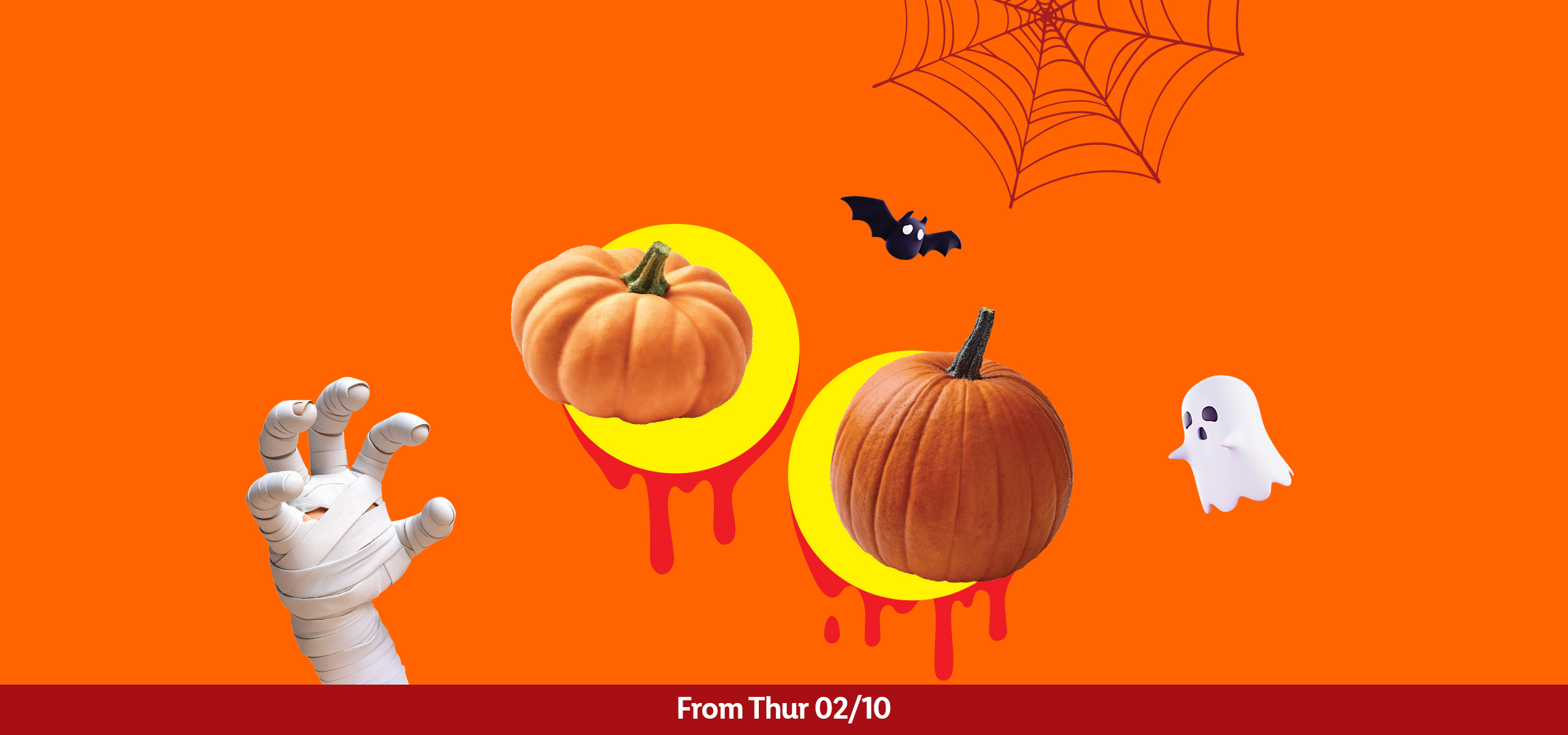 Halloween banner with pumpkins, a spiderweb, a ghost, and a mummy hand.