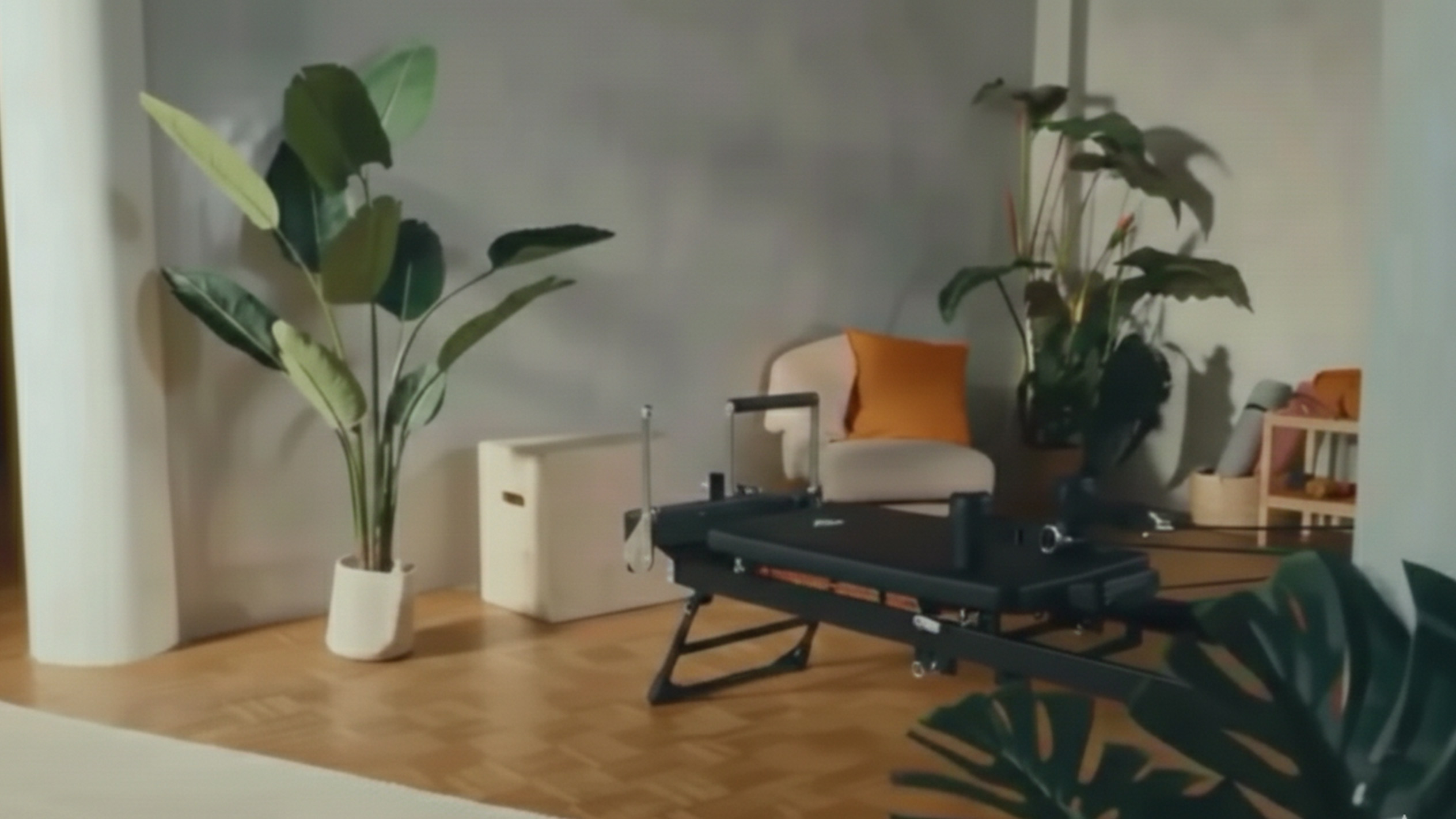 Pilates reformer in a modern living room with plants and a chair.