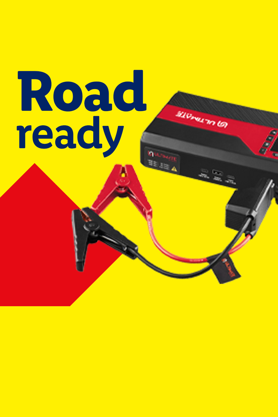 A red and black jump starter with jumper cables on a yellow and red background, with text 'Road ready'.