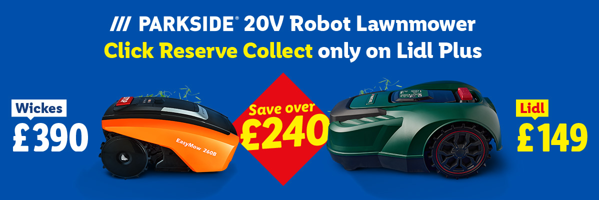 Two robot lawnmowers, one orange priced at £390, and one green priced at £149, with a call to save over £240.