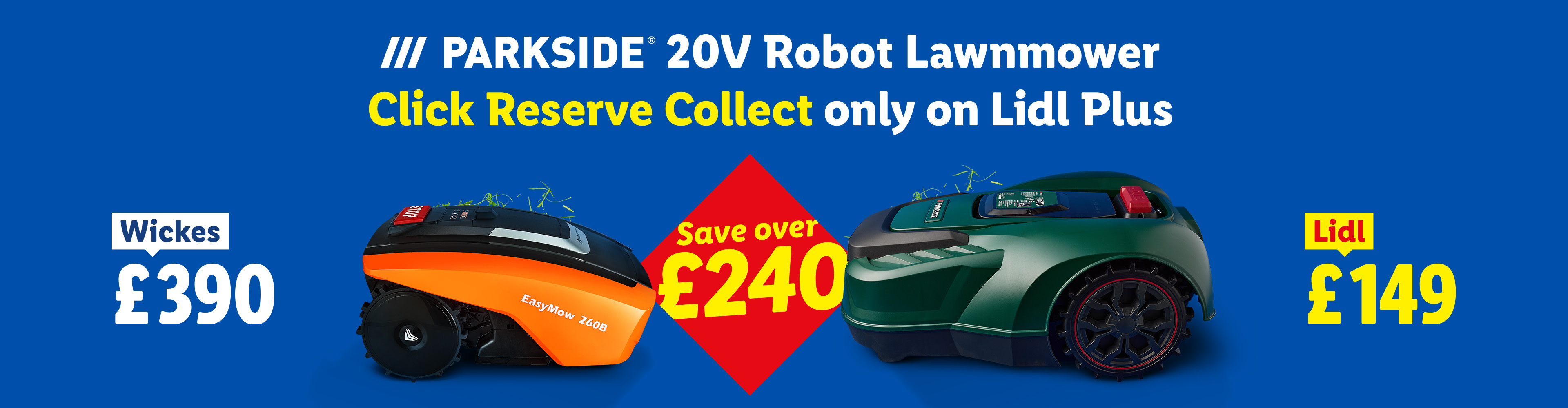 Two robot lawnmowers, one orange priced at £390, and one green priced at £149, with a call to save over £240.