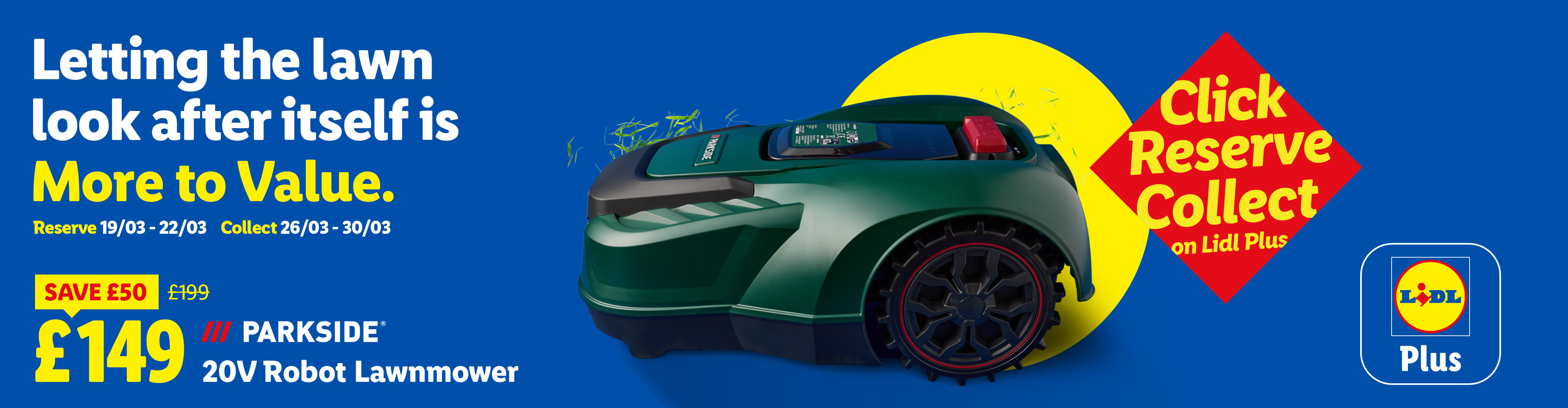 Robot lawnmower on a blue background with promotional text and pricing.