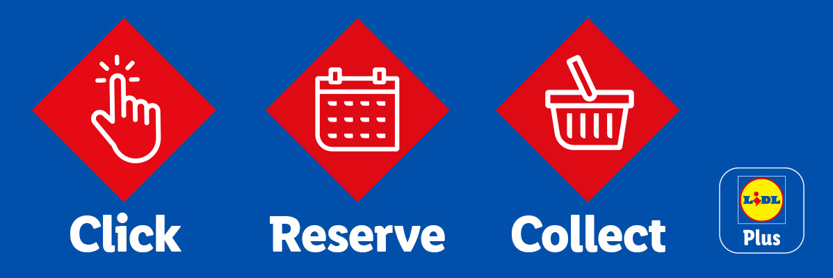 Click, Reserve, Collect service with icons for hand click, calendar, and shopping basket.