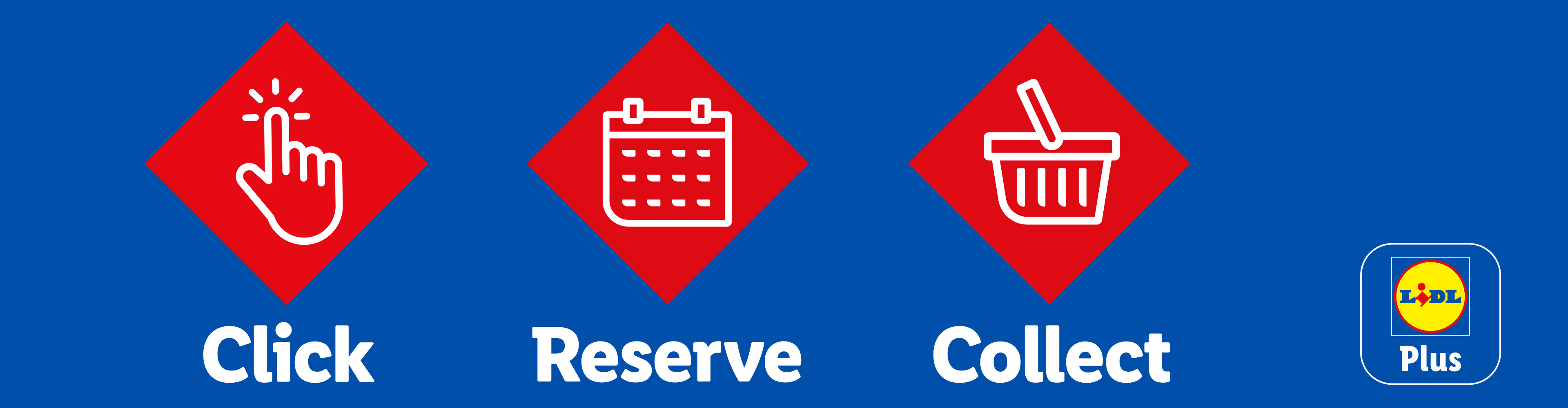 Click, Reserve, Collect service with icons for hand click, calendar, and shopping basket.