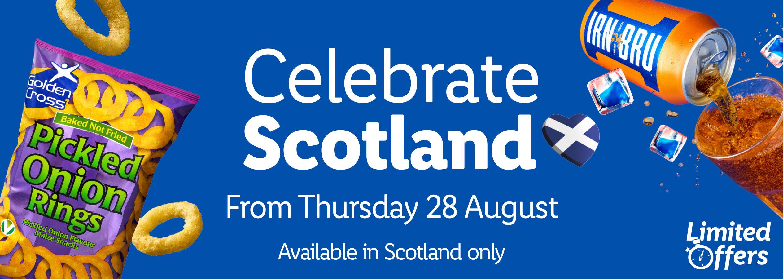 An advertisement for Golden Cross Pickled Onion Rings and Irn-Bru, celebrating Scotland.