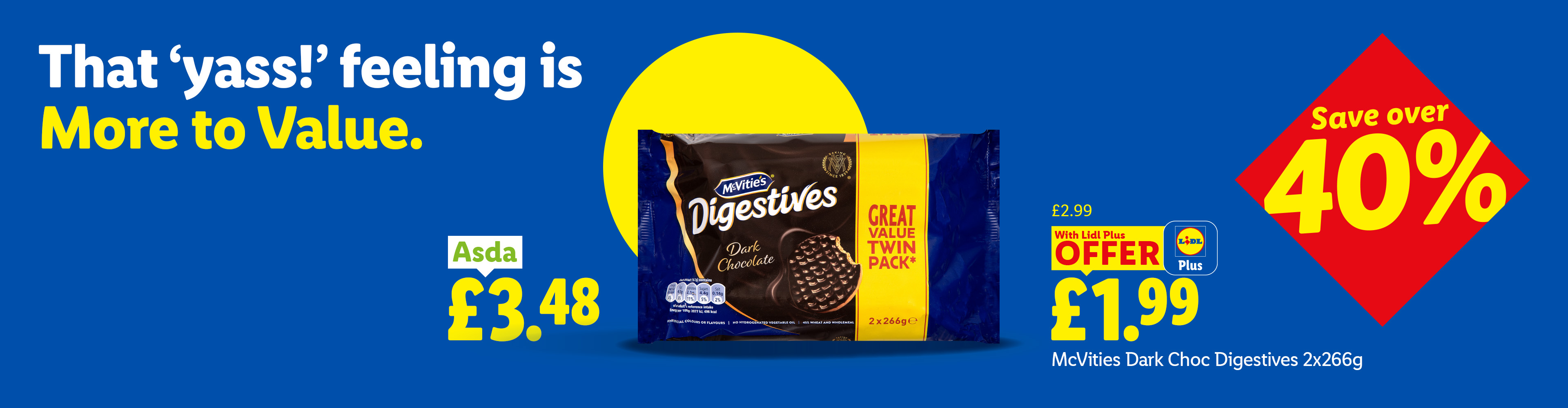 A twin pack of dark chocolate biscuits, advertised with a Lidl Plus offer of £1.99, saving over 40% compared to a competitor's price of £3.48.