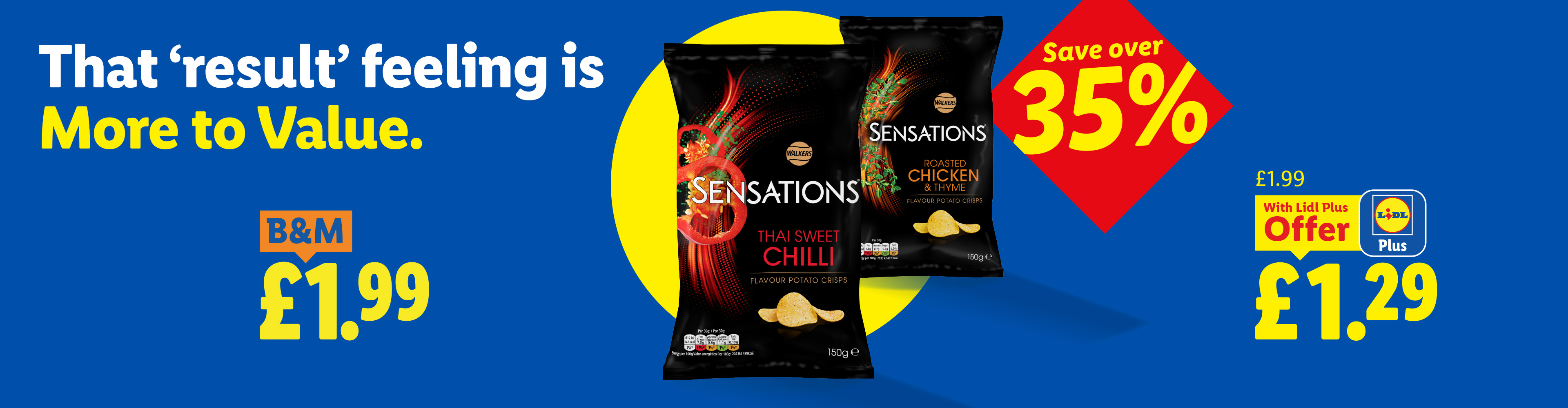 Two bags of crisps, one Thai Sweet Chilli and one Roasted Chicken & Thyme, with a price comparison showing a Lidl Plus offer of £1.29 versus B&M's £1.99, highlighting a saving of over 35%.