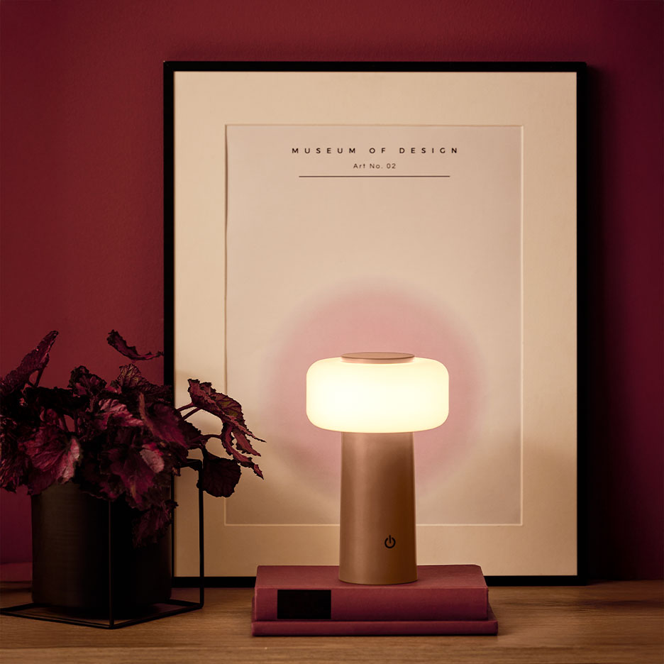 Portable table lamp on books, with a plant and poster in the background.