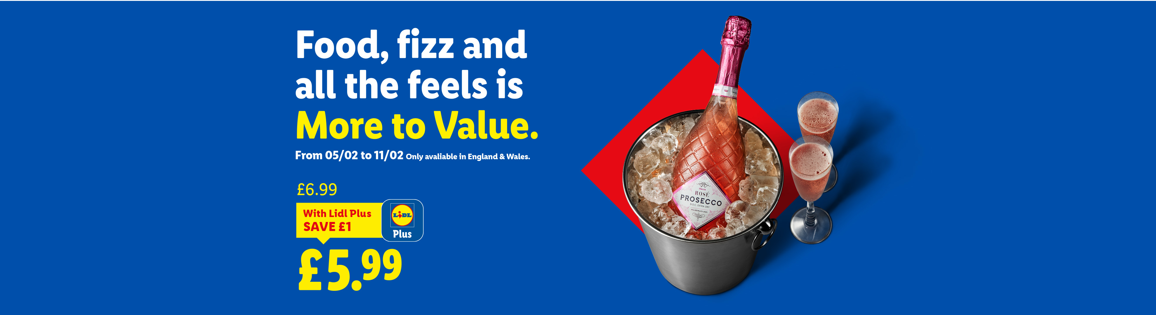 A bottle of rosé sparkling wine in an ice bucket with two glasses, advertising a special offer.