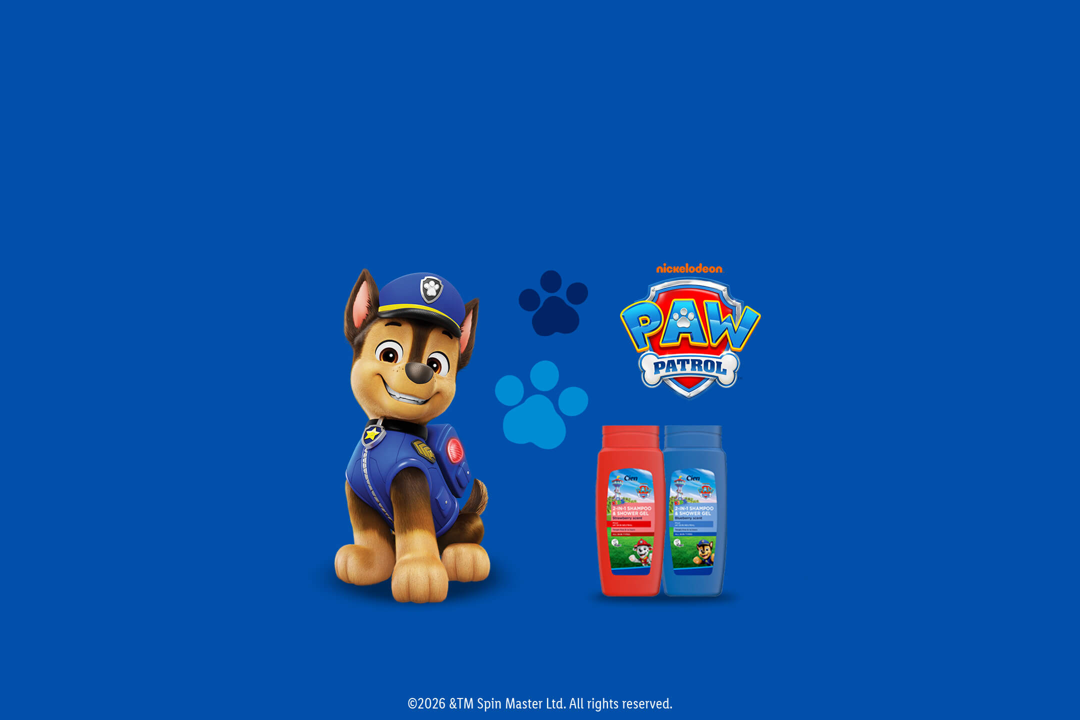 Two Paw Patrol 2-in-1 shampoo and shower gel bottles, strawberry and blueberry scents, with Chase and Marshall.