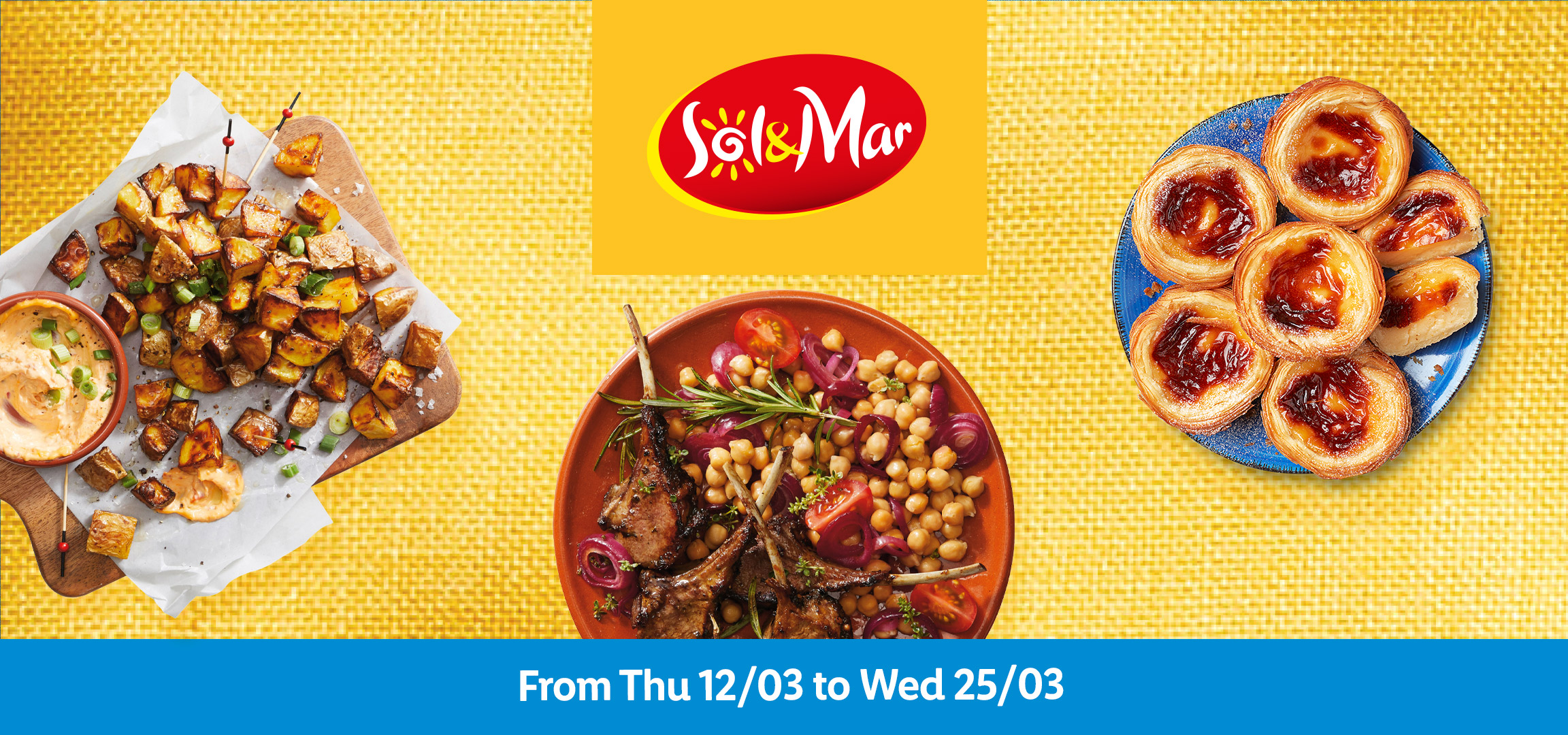 Lamb chops with chickpeas and pastries, with a banner showing 'From Thu 12/03 to Wed 25/03'