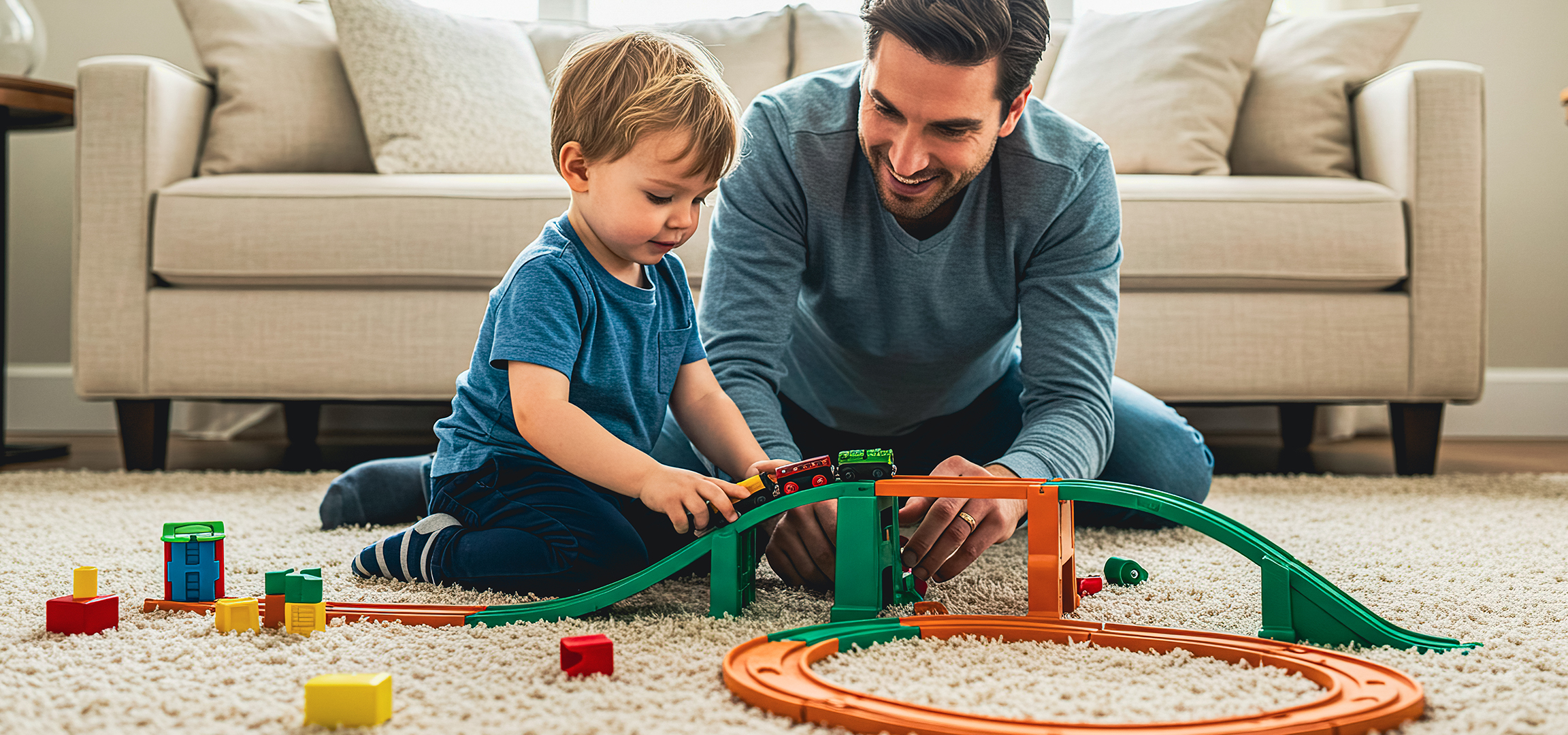 Father and son playing with a toy train on the living room carpet.
