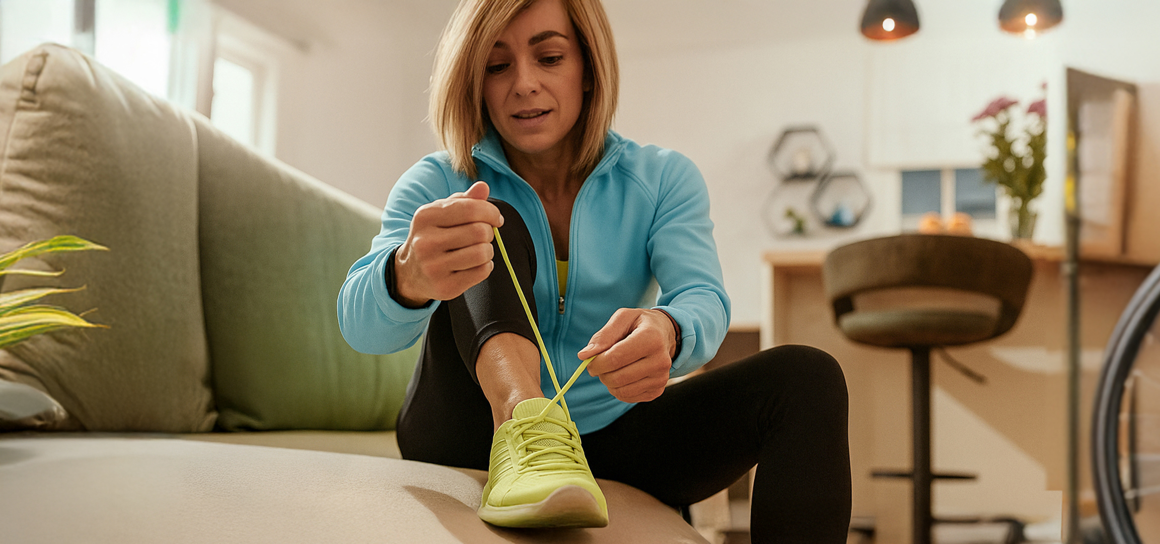 Woman tying shoelaces on sports shoes, preparing for exercise.