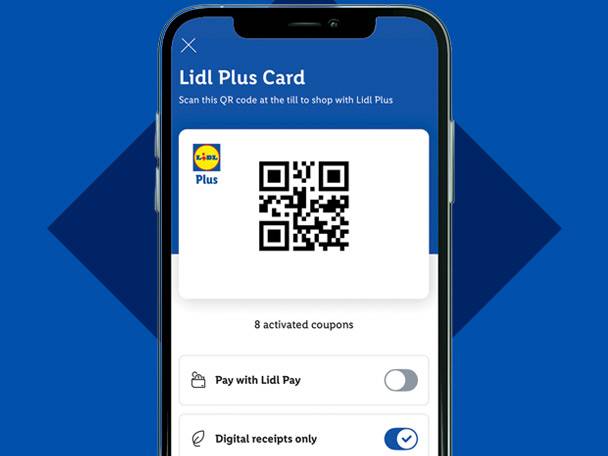 Smartphone screen displaying a loyalty card with a QR code, activated coupons, and payment options.