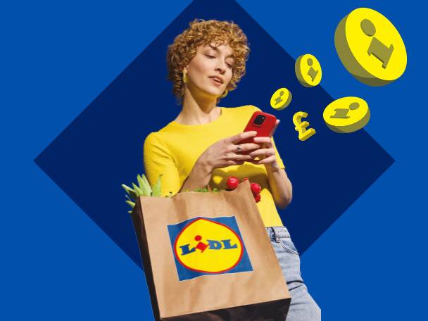 Woman with a shopping bag and phone, surrounded by floating coins and information icons.