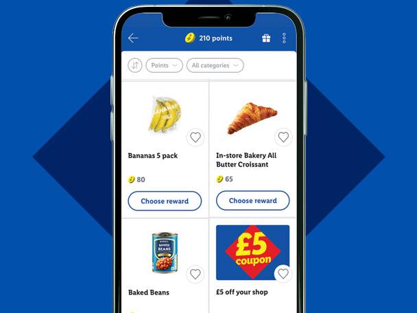 Mobile app displaying rewards: bananas, croissant, baked beans, and a £5 coupon.