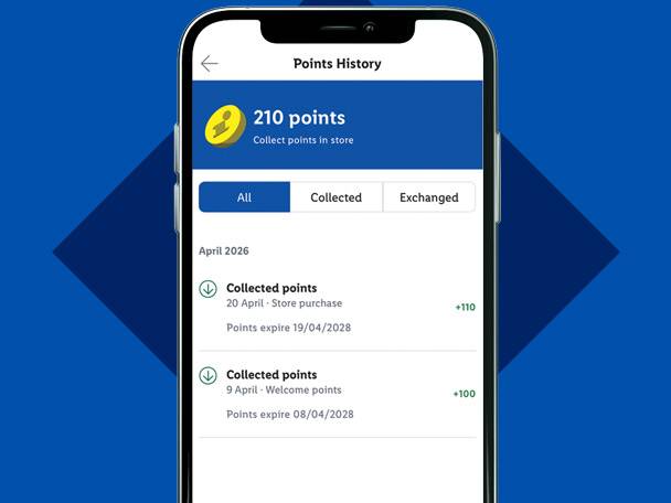 A smartphone screen displaying a loyalty points history, showing 210 points collected from store purchases and welcome points.