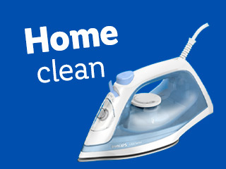 A blue and white Rowenta iron, promoting home cleaning.
