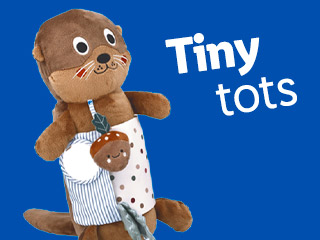 A plush otter toy with a bib and acorn rattle, next to the words 'Tiny tots'.