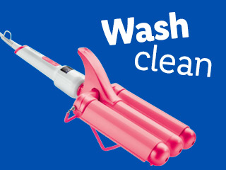 Pink triple barrel curling iron, wash clean.