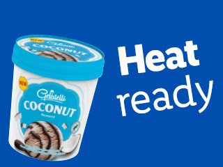 Gebretteli Coconut ice cream tub, 'Heat ready' text.