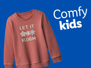 A pink kids' sweatshirt with 'LET IT BLOOM' and flowers, next to 'Comfy kids' text.