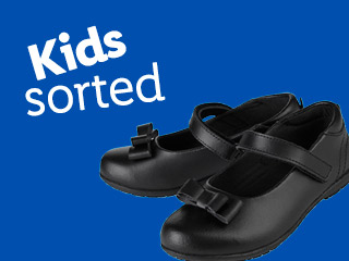 Two pairs of black Mary Jane school shoes with bows, next to the text 'Kids sorted'.