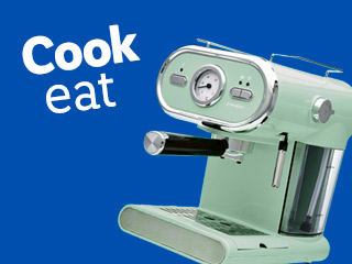A retro-style mint green espresso machine on a blue background with the text 'Cook eat'.