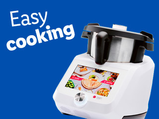A white kitchen appliance with a touchscreen display and a cooking pot, with text 'Easy cooking'.