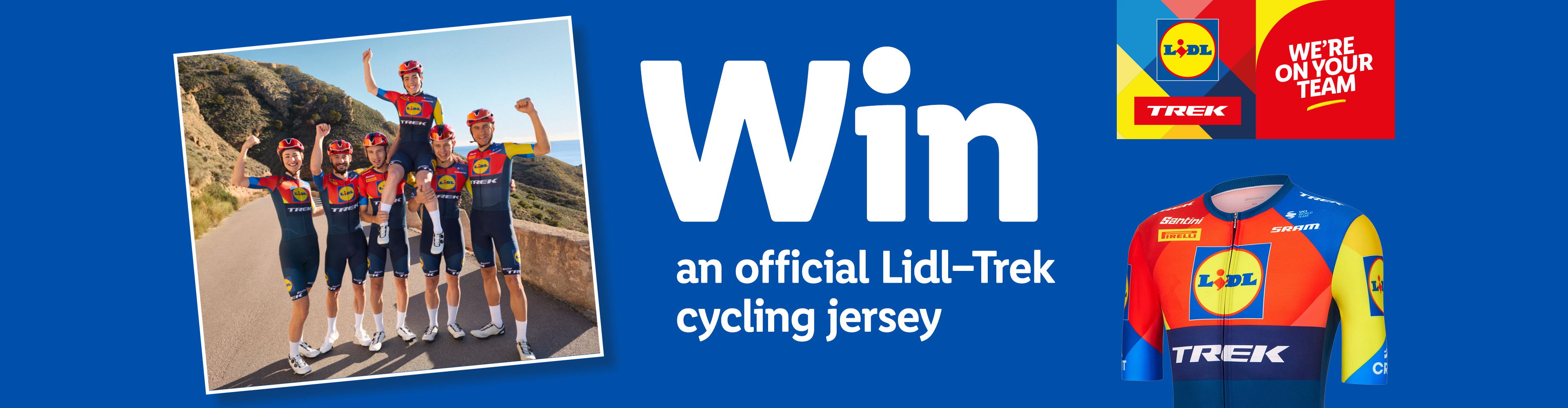 Win an official Lidl-Trek cycling jersey; contest features team photo and jersey.