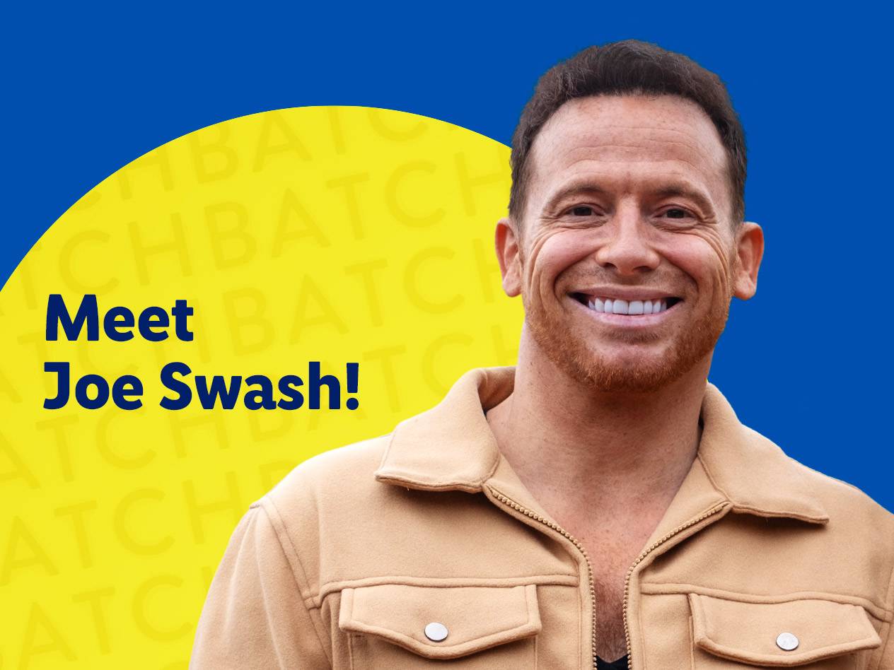 Smiling man in a beige jacket with text 'Meet Joe Swash!' on a blue and yellow background.