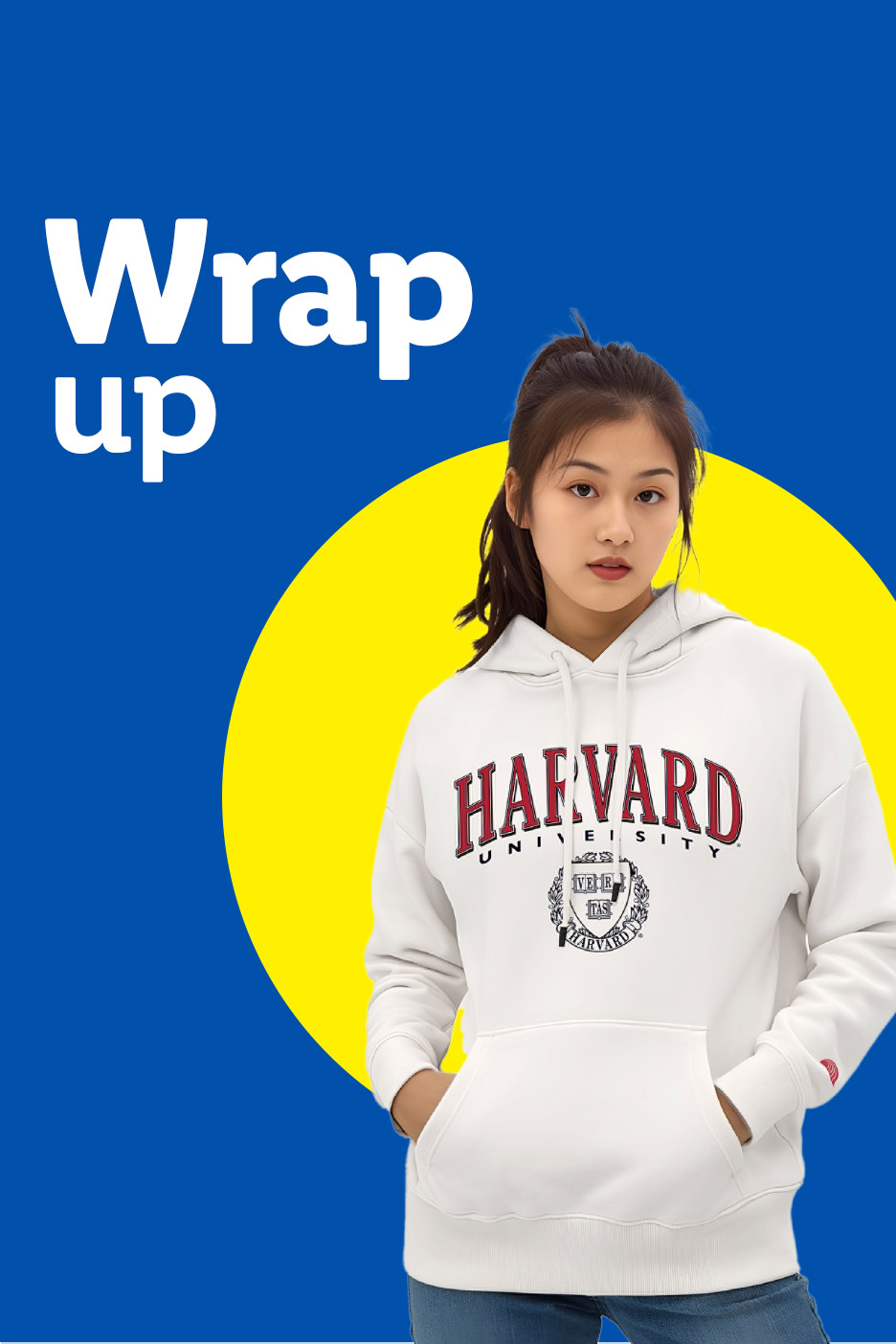 A young woman in a white Harvard University hoodie stands against a blue and yellow background.