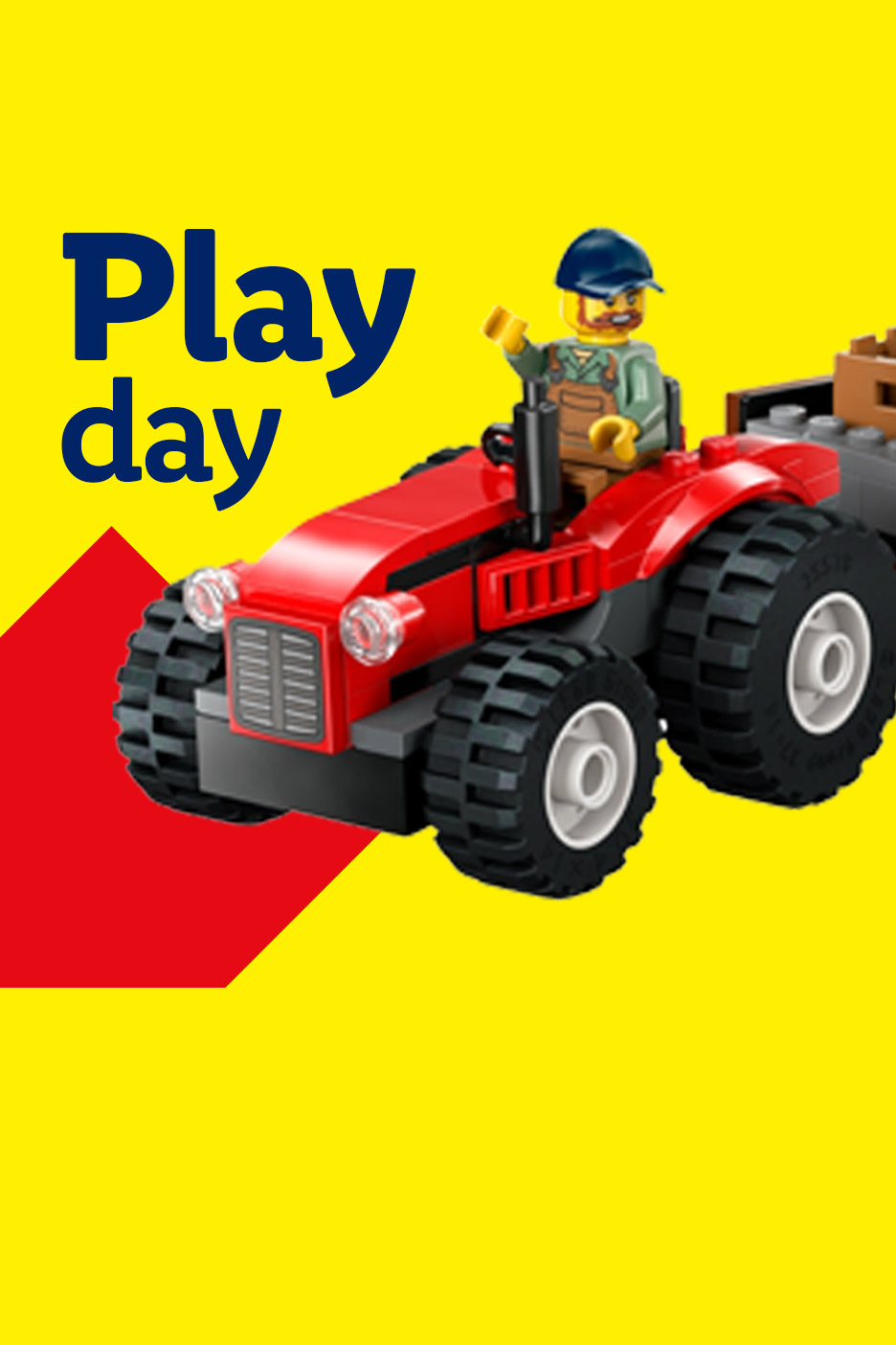 A Lego minifigure driving a red Lego tractor with the text 'Play day' on a yellow background.