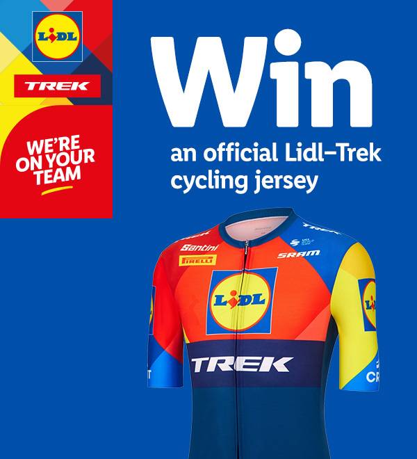 Win an official Lidl-Trek cycling jersey; vibrant design featuring Lidl and Trek logos.